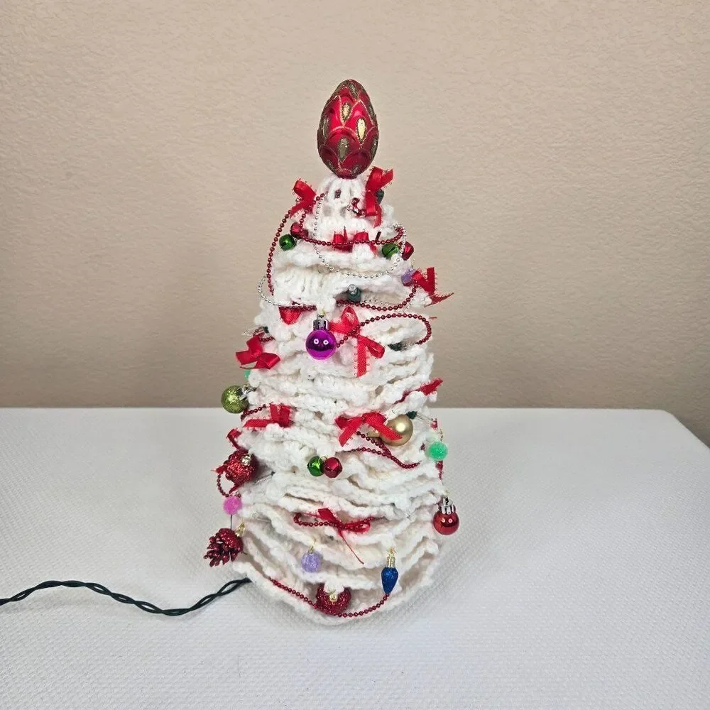 Vintage 80s Crochet Handmade White Christmas Tree Red Ribbons Ornaments Lights U